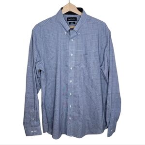 Paul Fredrick | Navy Blue Checkered Plaid Button Front Non-Iron Shirt Size 17x37